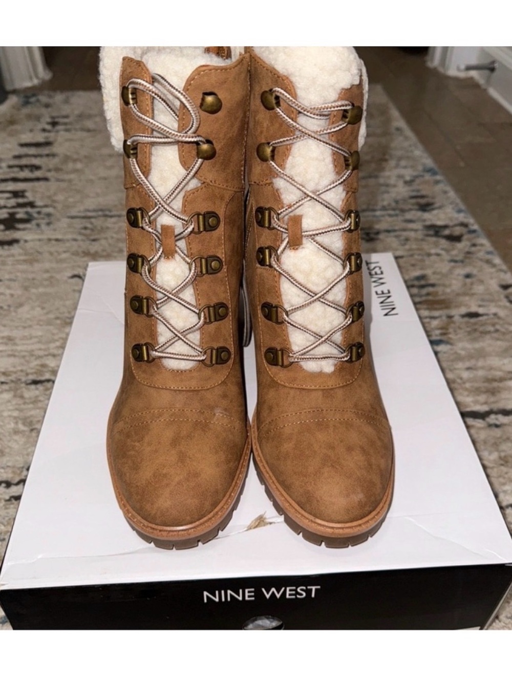 Nine West Brown Lace-Up Faux Suede Sherpa Boots - Picture 4 of 9